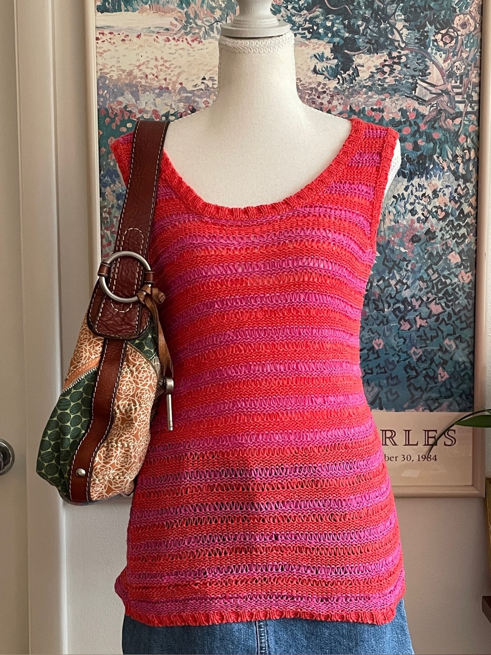 Willi Smith Knit Tank Top Womens Small Red Pink Striped Ombré Boho Festival Y2K